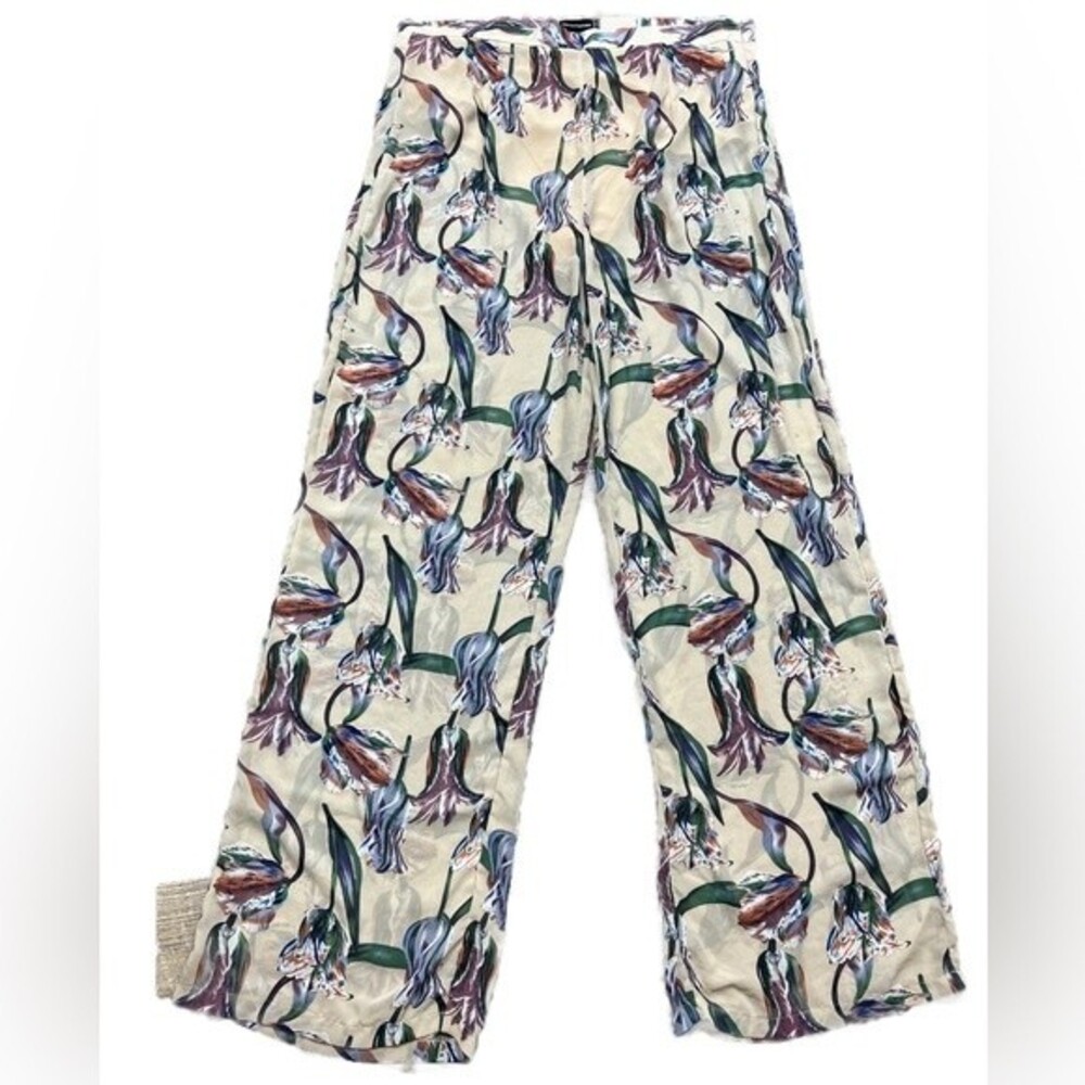 Ladies Trousers Beige Floral Size 16 Sheer Built In Pants Holiday